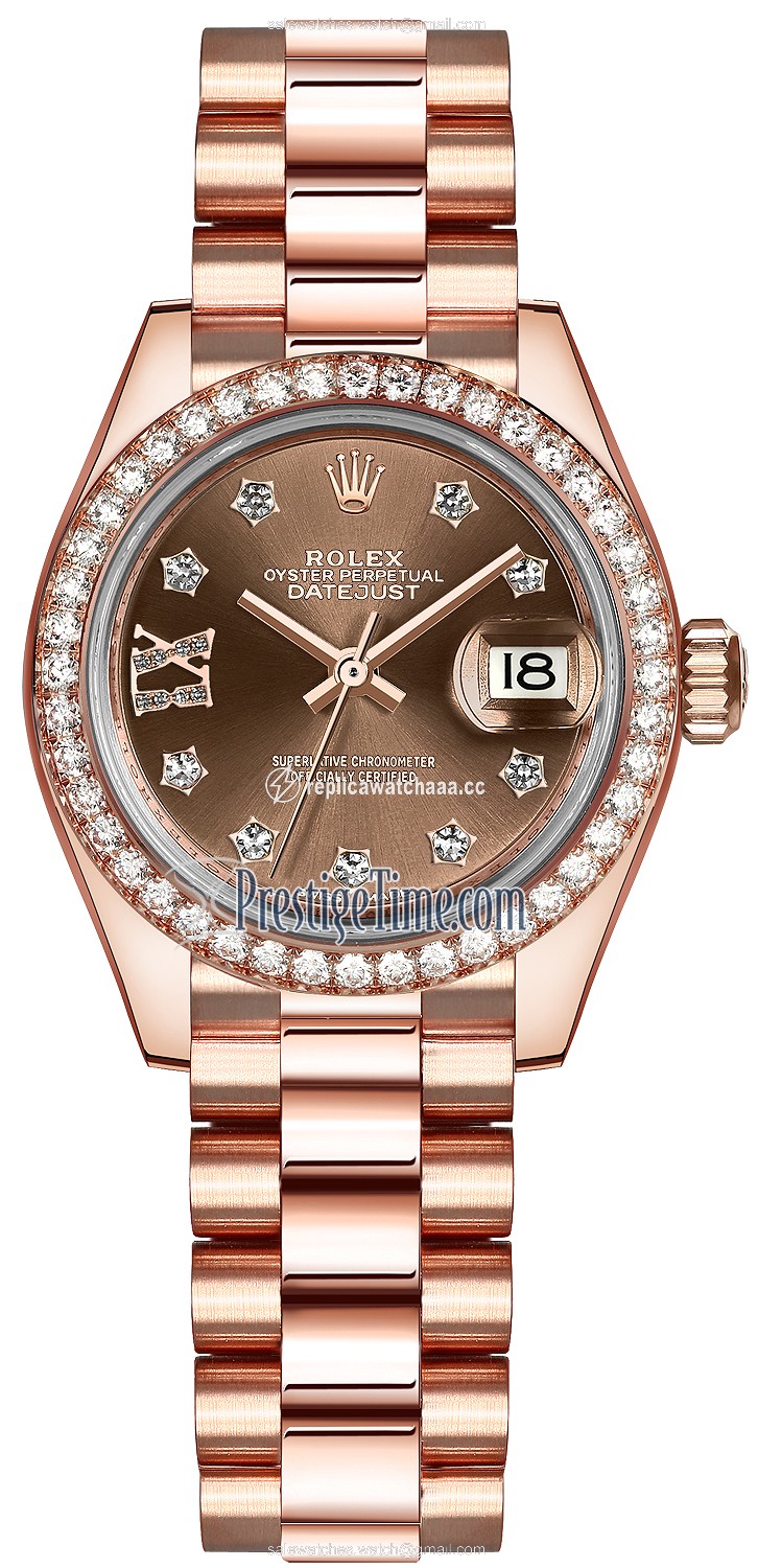 279135RBR Chocolate 17 Diamond President Rolex Lady Datejust 28mm Everose Gold Ladies Watch 279135RBR Chocolate 17 Diamond President Rolex Lady Datejust 28mm Everose Gold Ladies Watch