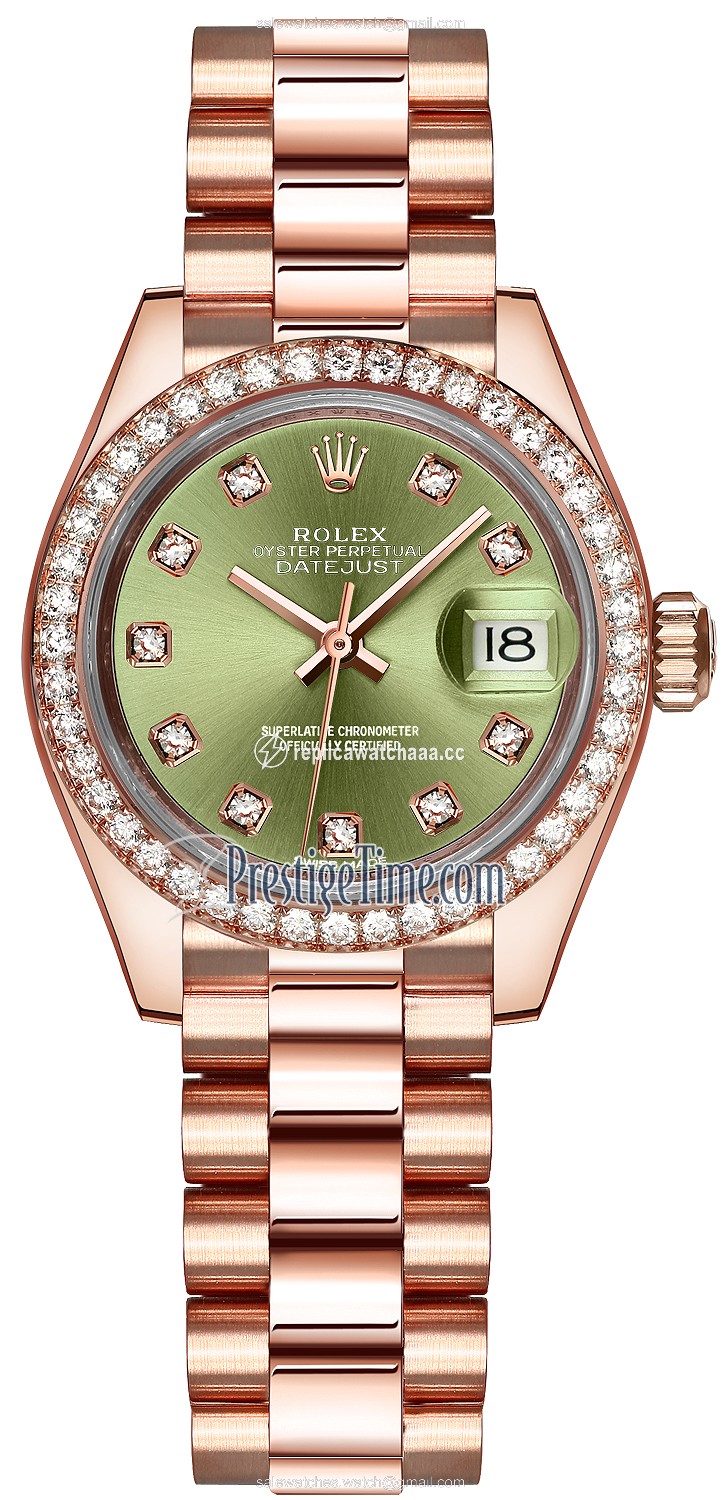 279135RBR Olive Green Diamond President Rolex Lady Datejust 28mm Everose Gold Ladies Watch 279135RBR Olive Green Diamond President Rolex Lady Datejust 28mm Everose Gold Ladies Watch