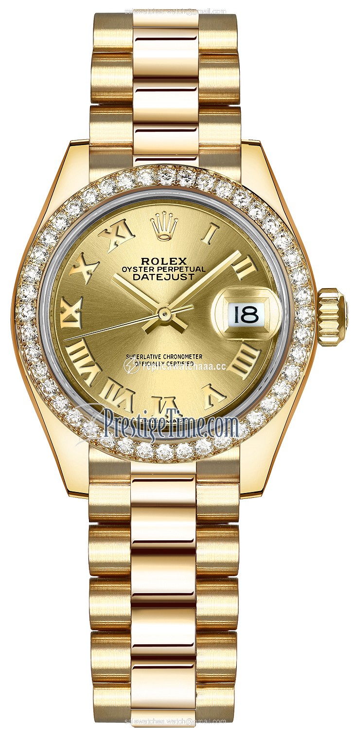 279138RBR Champagne Roman President Rolex Lady Datejust 28mm Yellow Gold Ladies Watch 279138RBR Champagne Roman President Rolex Lady Datejust 28mm Yellow Gold Ladies Watch