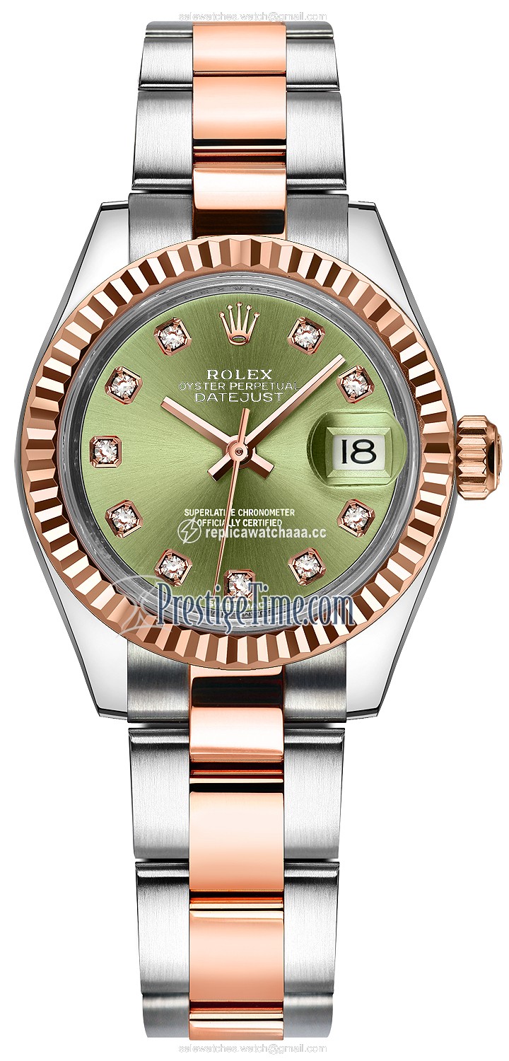 279171 Olive Green Diamond Oyster Rolex Lady Datejust 28mm Stainless Steel and Everose Gold Ladies Watch 279171 Olive Green Diamond Oyster Rolex Lady Datejust 28mm Stainless Steel and Everose Gold Ladies Watch