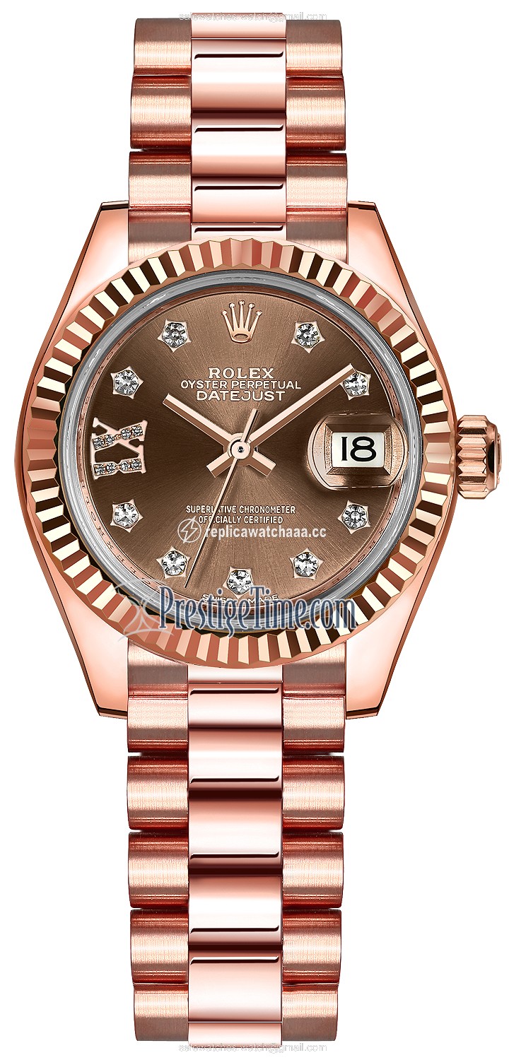 279175 Chocolate 17 Diamond President Rolex Lady Datejust 28mm Everose Gold Ladies Watch 279175 Chocolate 17 Diamond President Rolex Lady Datejust 28mm Everose Gold Ladies Watch