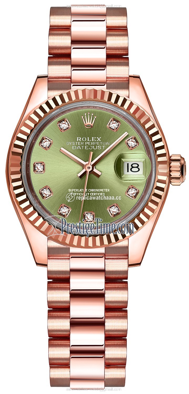 279175 Olive Green Diamond President Rolex Lady Datejust 28mm Everose Gold Ladies Watch 279175 Olive Green Diamond President Rolex Lady Datejust 28mm Everose Gold Ladies Watch