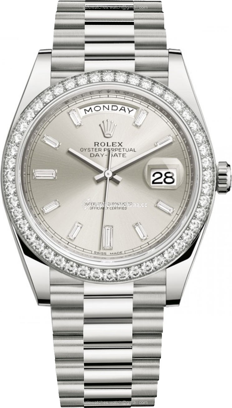 228349RBR Silver Baguette Rolex Day-Date 40mm White Gold Mens Watch 228349RBR Silver Baguette Rolex Day-Date 40mm White Gold Mens Watch